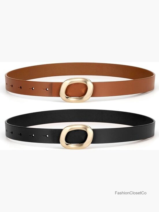 Cow Split Leather Skinny Belt with Gold Oval Buckle - Dress Pants main image 7